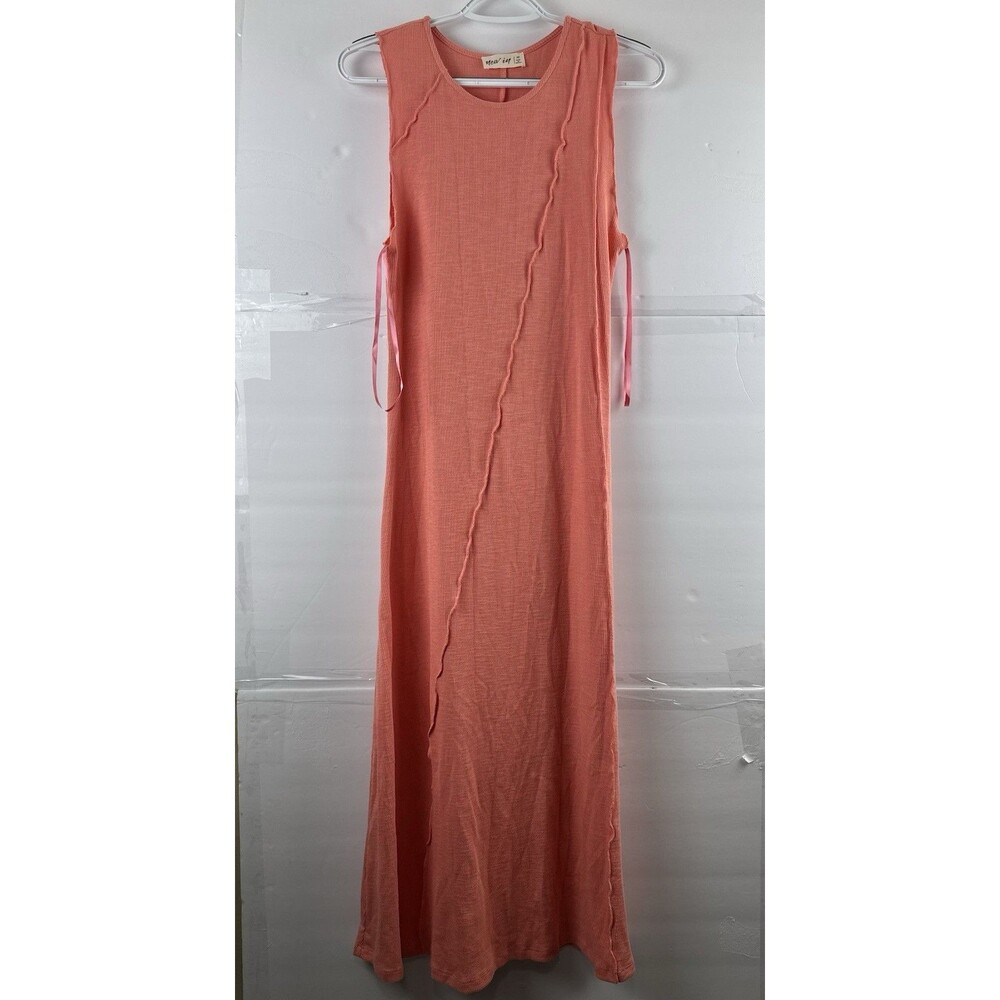 New In Women's Coral Ribbed Knit Sleeveless Maxi Dress Size M Tie Waist